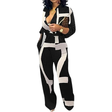 SeNight Women Elegant Long Sleeve Jumpsuit - Black/White