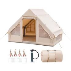 Costway Inflatable Camping Tent 2/4/6 People Glamping Tent for Family Camping with Pump-Beige
