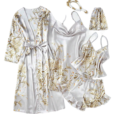 Rüschen Jumpsuits & Overalls Shein LuxeNights 5pcs/Set Silk-Like Flower Print Camisole Top & Shorts & Dress & Robe & Storage Bag