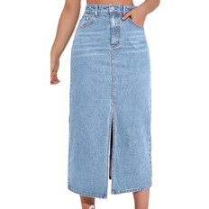 Reißverschluss Bekleidung Shein EZwear High Waist Slit Denim Skirt - Light Wash