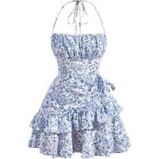 Damen Kleider Shein Mod Floral Print Ruffle Trim Tie Backless Ruched Bust Layered Halter Summer Short Dress