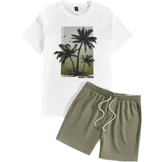 Shein Manfinity Chillmode Men Tropical Print Tee & Drawstring Waist Shorts