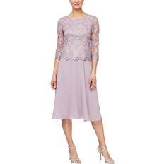 Alex Evenings Tea Length Embroidered with Full Skirt Dress - Wisteria