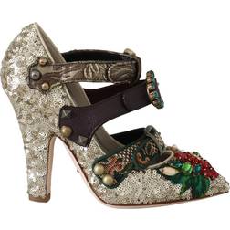 Dolce & Gabbana Gold Sequined Crystal Studs Heels - Gold/Green/Purple