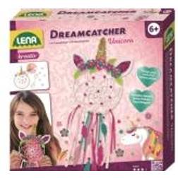 Lena 42701 Craft Set Dreamcatcher Unicorn 56 Pieces Complete Dream Catcher Craft Set with Ring, Coloured Ribbons & Cords, Plastic Needle, Beads and Fabric Flowers, Set for Children from 6 Years