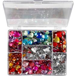 Creativ Company Rhinestones in Display Box, Rounds. stars. hearts, D: 6 7 9 10 11 12 14 16 mm, blue, pink, silver, 300 pc/ 1 pack