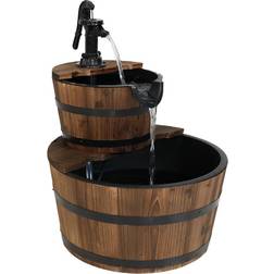 Sunnydaze Country 2-Tier Wood Barrel Water Fountain with Hand Pump