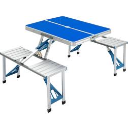 OutSunny 4 Person Aluminum Picnic Table Set Portable Compact Folding Suitcase with Umbrella Hole and Handle For Carrying, Blue