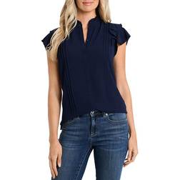 CeCe Pintucked Button Front Blouse - Navy