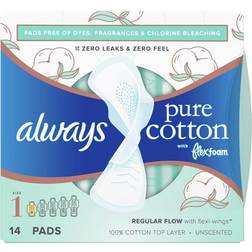 Always Pure Cotton with FlexFoam Size 1 Regular Flow Pads with Wings 14-pack