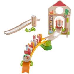 Haba 305396 – Kullerbü Marble Run Made of Wood with Domino Stone Effect, Barn Door and 6 Chickens, Wooden Toy from 2 Years, Multi-Coloured