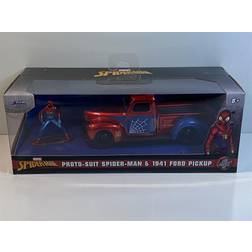 Jada 1941 Ford Pickup Truck Candy Red and Blue and Proto-Suit Spider-Man Diecast Figurine "Marvel" Series "Hollywood Rides" Series 1/32 Diecast Model Car