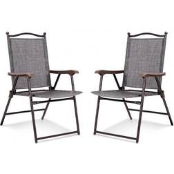 Costway Set of 2 Patio Folding Sling Back Camping Deck Chairs-Gray