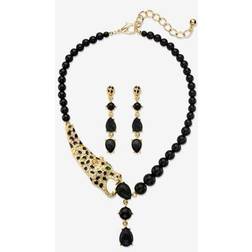 Women's Tone Piece Set Leopard Necklace and Earring Set,Onyx, 18" by PalmBeach Jewelry in Onyx