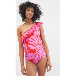 Motherhood Beach Bump Ruffle Front One Shoulder Maternity Swimsuit Red Pink/Palm Print (93333-66)