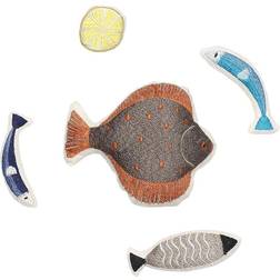 Ferm Living Embroidered Fish Cuddly toy 5 embroidered cuddly toys in cotton bag Multicoloured