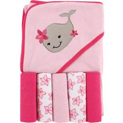 Luvable Friends Girl Whale Hooded Towel with Washcloths Set 6 piece