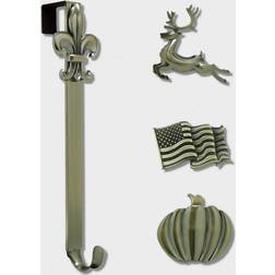 Haute Decor Adjustable Length Wreath Hanger with Interchangeable Icons (Antique Brass-Flag/Reindeer/Pumpkin/Fleur De Lis)