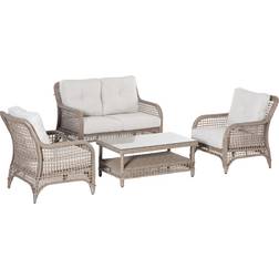OutSunny 4 Pieces Wicker Patio Conversation Set with Two-tier Tempered Glass Table-top & Cream White Thick Padded Cushions