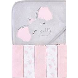 Hudson Baby Infant Girl Hooded Towel and Five Washcloths Pink Elephant One Size