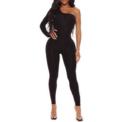 Fashion Nova Season Long Sleeve One Shoulder Jumpsuit - Black