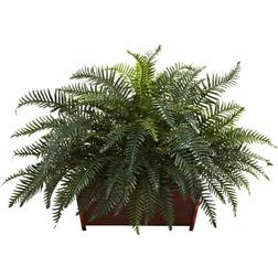 Nearly Natural Artificial River Fern with Wood Planter