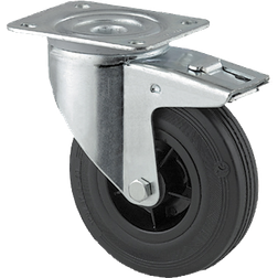 Drejeligt hjul m/ bremse, sort massiv gummi, Ø80 mm, 70 kg, rulleleje, med plade Byggehøjde: 108 mm
