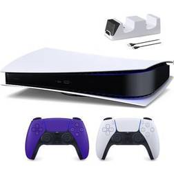 Sony PlayStation 5 Digital Edition with Two Controllers White and Galactic Purple DualSense and Mytrix Dual Controller Charger