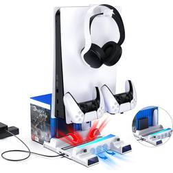 NexiGo PS5 Vertical Stand with Headset Holder and AC Adapter for PS5 Disc & Digital Editions, RGB Controllers Charger, R