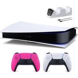 Sony PlayStation 5 Digital Edition with Two Controllers White and Nova Pink DualSense and Mytrix Dual Controller Charger