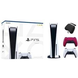 Sony PlayStation 5 Disc Edition with Two Controllers White and Cosmic Red DualSense and Mytrix Hard Shell Protective Controller Case