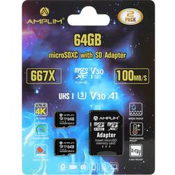 Amplim Micro SD Card 64GB, 2 Pack Extreme High Speed MicroSD Memory Plus Adapter, MicroSDXC U3 Class 10 V30 UHS-I Nintendo-Switch, Go Pro Hero, Surface, Phone Galaxy, Camera Security Cam, Tablet, PC