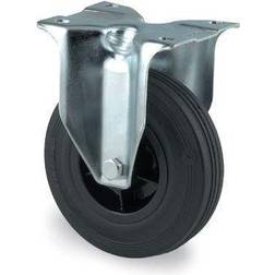 Fast hjul, sort massiv gummi, Ø200 mm, 200 kg, rulleleje, med plade Byggehøjde: 240 mm. Driftstempe