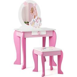 Costway Kids Wooden Makeup Dressing Table & Chair Set with Mirror & Drawer