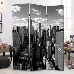 3 Panel Foldable Screen with New York Skyline Print, Black and White- Saltoro Sherpi