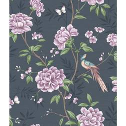 Crown Fine Decor Akina Navy Floral Textured Peelable Paper Wallpaper, Blue