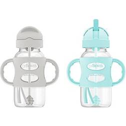 Dr. Brown's Wide-Neck Sippy Straw Bottles with Silicone Handles, Gray and Green, 9oz/270ml, 2-Pack