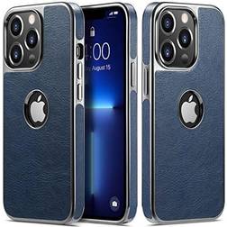 MOHEYO Shockproof Logo View Cover Metallic Frame Vegan Leather Case for iPhone 13 Pro Max Blue