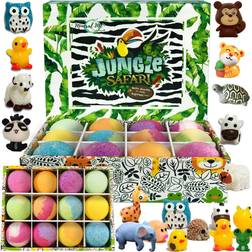 Bath Bombs for Kids with Toys Inside Set of 12 Organic Bubble Bath Fizzies with Jungle Animal Toys. Gentle and Kids Safe Spa Bath Fizz Balls Kit. Birthday Gifts for Boys, Girls