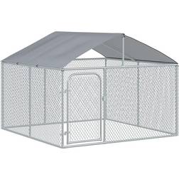 Pawhut Silver Steel 0.001-Acre In-Ground Dog Kennel with Secure Lock Mesh Sidewalls and Waterproof Cover 229.9x121.9cm