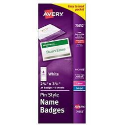 Avery Top-Loading Pin Style Name Badges, 2-1/4" 3-1/2", Pack