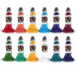 World Famous Tattoo Ink 12 Primary Color Tattoo Kit #3 Professional Tattoo Ink in Color Assortment, Includes White Tattoo Ink Skin-Safe Permanent Tattooing Vegan & Non-Toxic (1 oz Each)