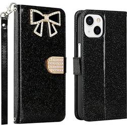 iPhone 13 Pro Max Phone Case Strong Protective Sparkle Diamond Kickstand Wallet Compartments Multi-Function for iPhone 13 Pro Max Phone Case Black