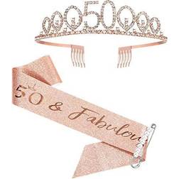 50th Birthday Sash and Tiara for Women, Rose Gold Birthday Sash Crown 50 & Fabulous Sash and Tiara for Women, 50th Birthday Gifts for Happy 50th Birthday Party Favor Supplies
