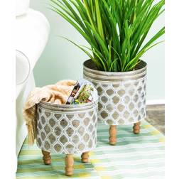 Evergreen Embossed Metal Planter with Wood Legs Set of 2