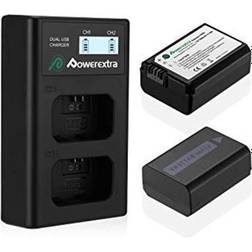 powerextra 2 pack replacement sony np-fw50 battery & smart lcd display dual channel charger compatible for sony alpha a6500, a6300, a6000, a7s, a7