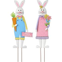 GlitzHome Metal Bunny Boy and Girl's Yard Stake or Standing Decor or Wall Decor, Set
