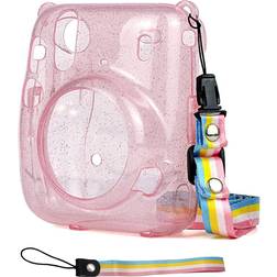 LEONULIY Clear Protective Case for Fujifilm Instax Mini 11 Instant Camera, Crystal Hard PVC Case with Rainbow Hand Strap and Removable Shoulder Strap. (Glittering Pink)