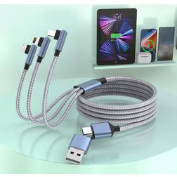 Multi 5-in-1 90 Degree USB Universal Phone Charging Cable,1.8M/6Ft Right Angle Lightnning Type C Micro USB Nylon Braided Charger Cord Adapter for iPhone 13 12 11 Pro Max/iPad/Apple/Android/Samsung