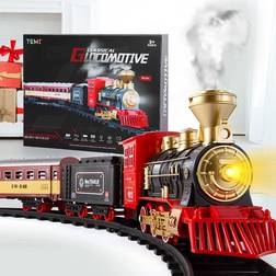 Temi Train Set with Steam Locomotive Engine Cargo Car & Long Track
